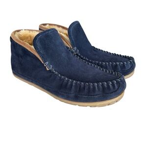 L.L. BEAN Suede Shearling Moccasin Slippers Navy Blue Cabin House Shoes Men’s 11